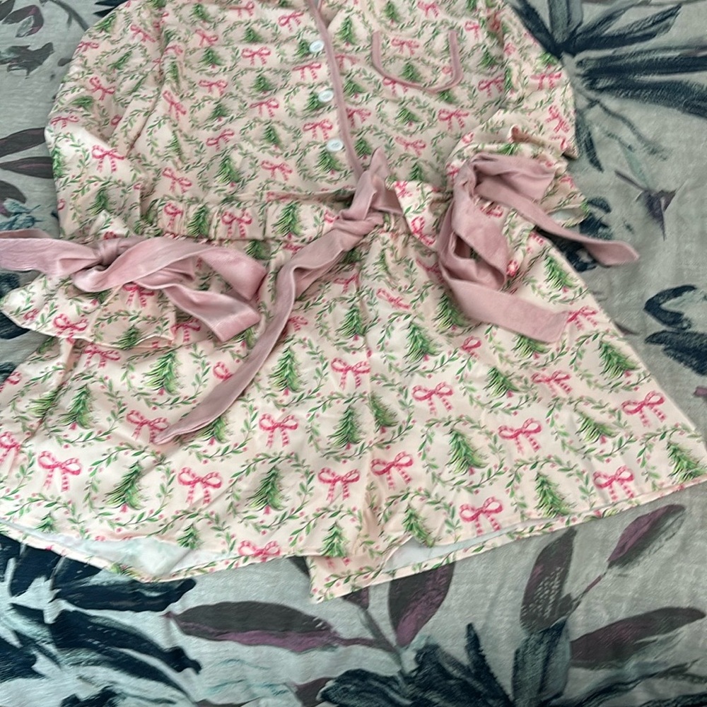 Pink and Green Ruffled Robe with Bow Accents